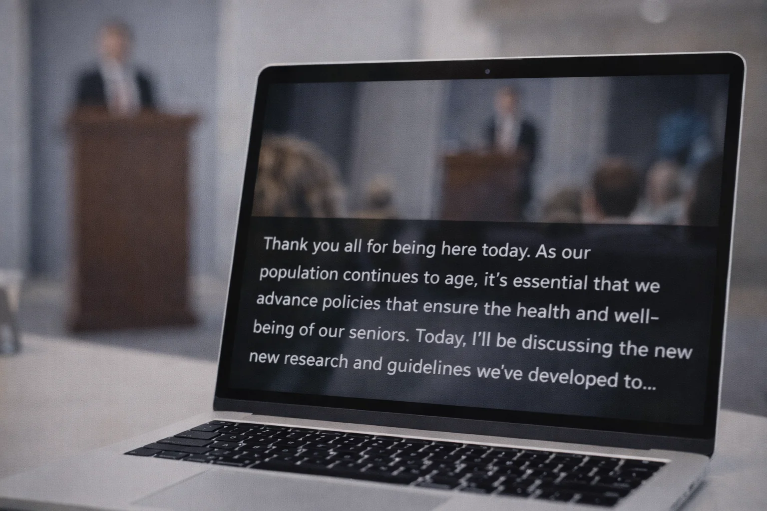 Laptop screen displaying real-time captions during a conference presentation