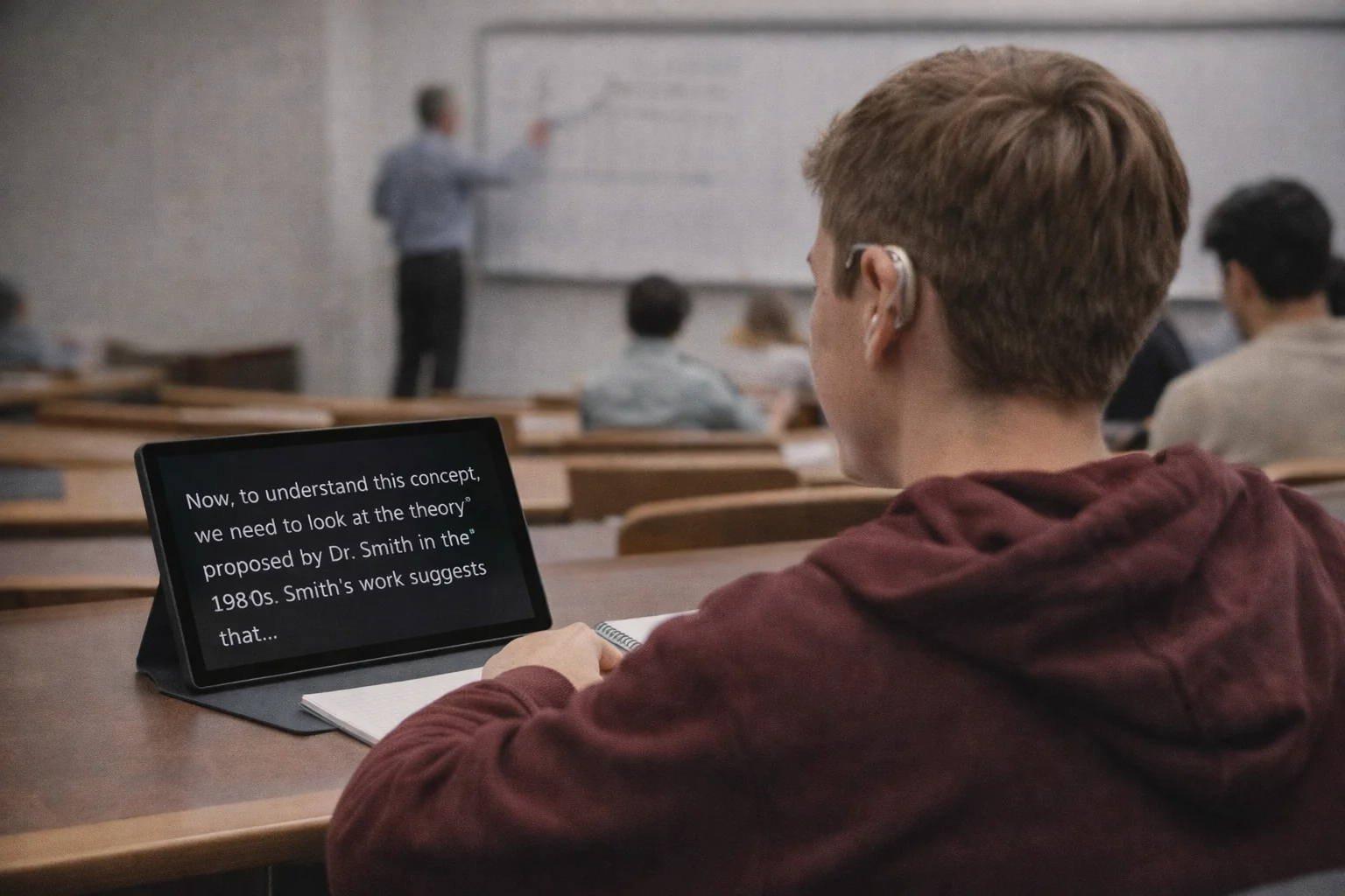 College student with hearing aids reading real-time captions on tablet in lecture hall