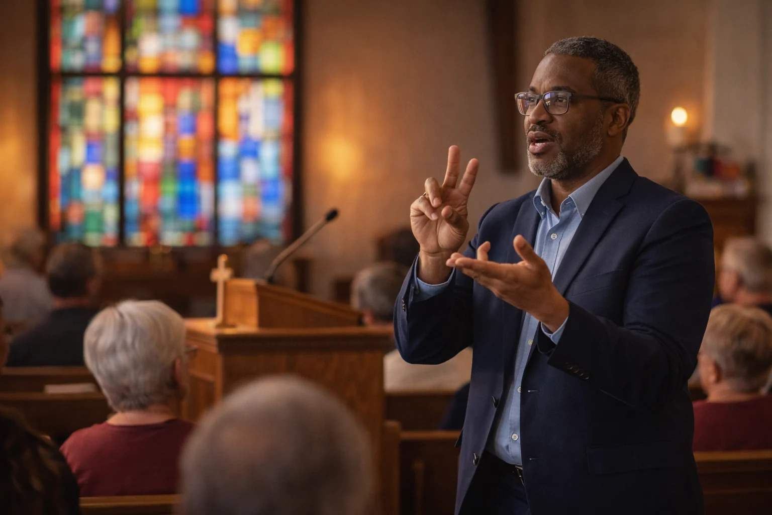 ASL interpreter signing during a church service with stained glass windows