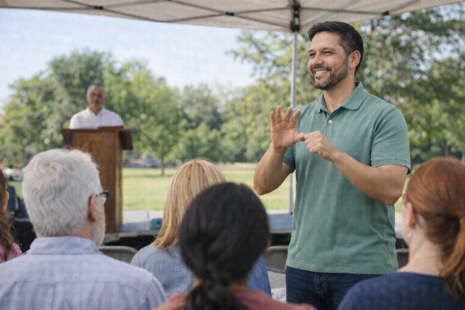ASL interpreter signing at an outdoor community festival