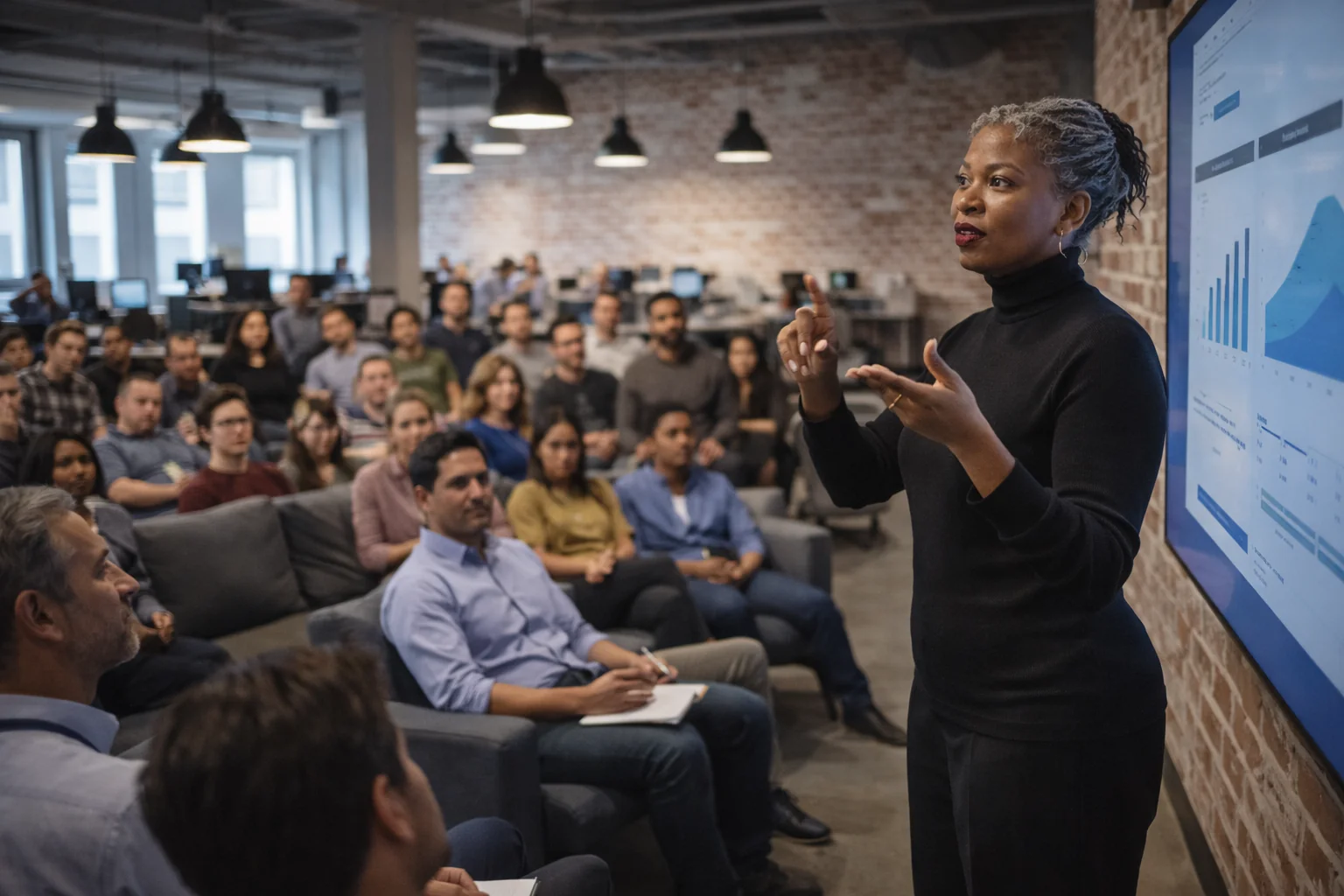 ASL interpreter signing at a tech company all-hands meeting