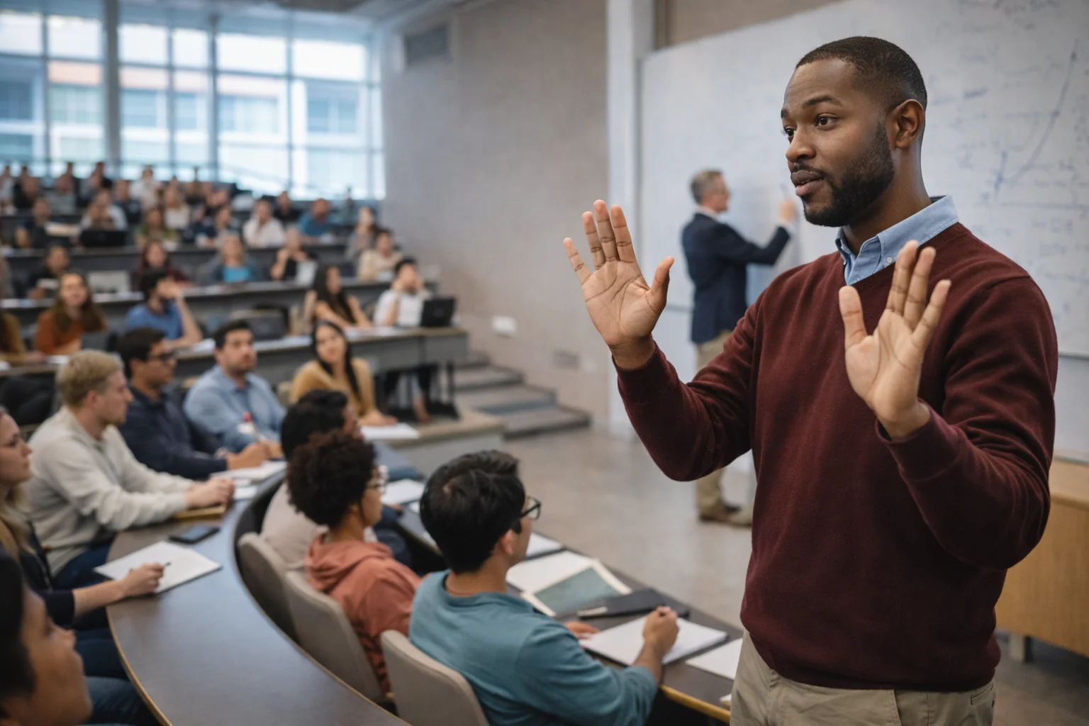 ASL interpreter signing in a university lecture hall