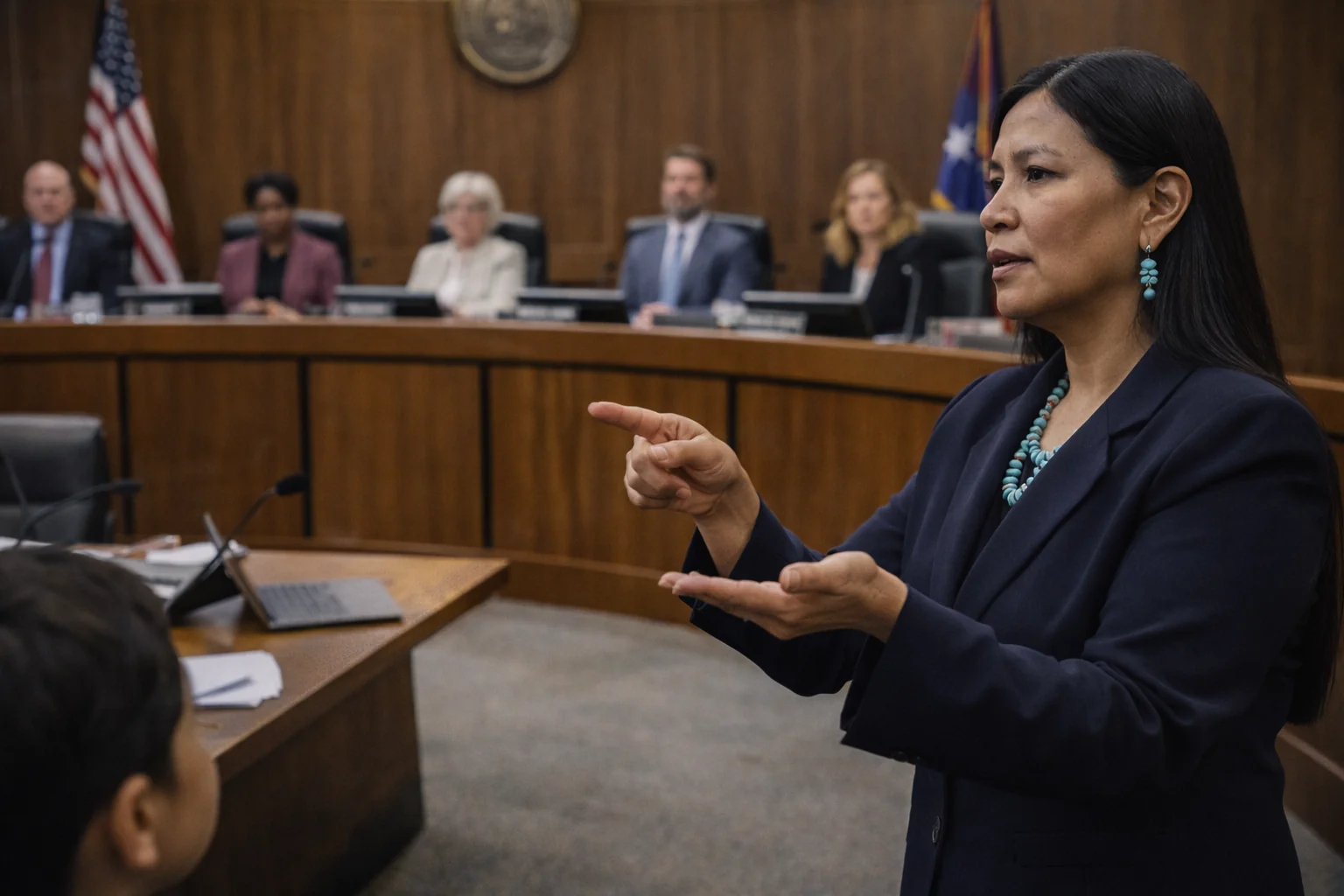 ASL interpreter signing at a city council meeting