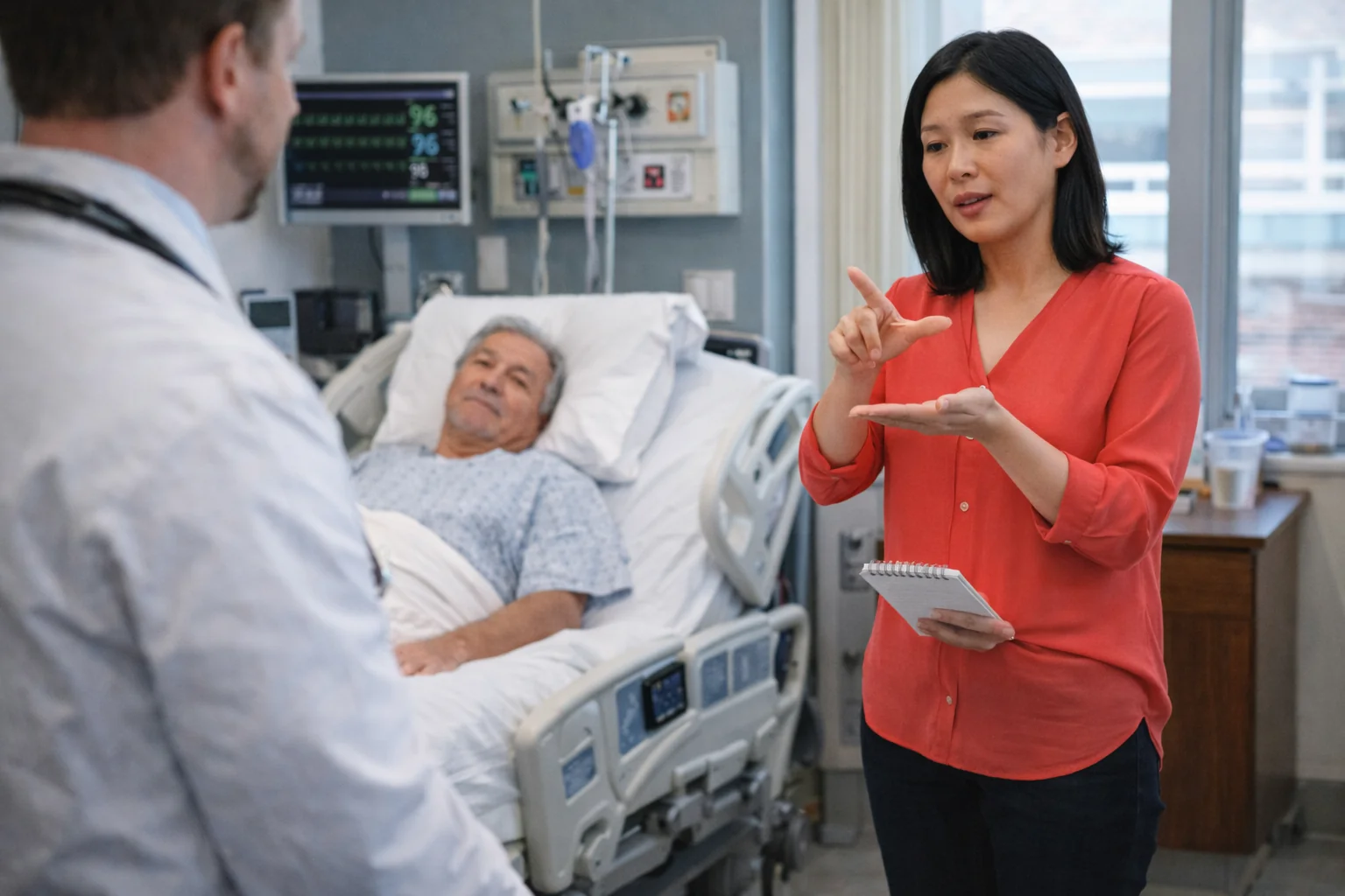 ASL interpreter in coral blouse signing at hospital bedside with doctor and patient