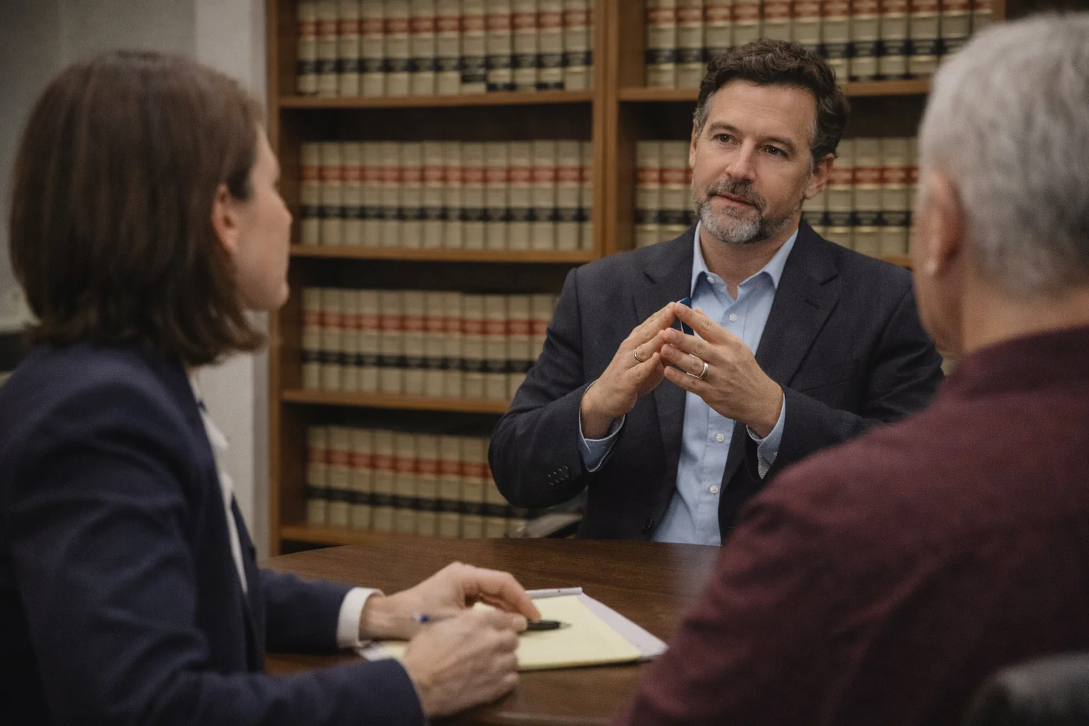 Interpreter at a deposition in a law office conference room