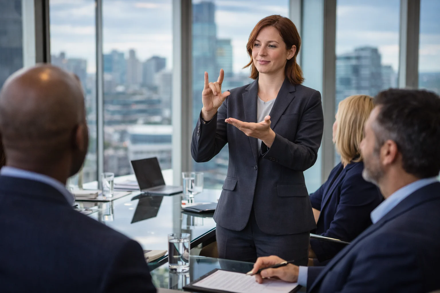 ASL interpreter signing in corporate conference room with business professionals