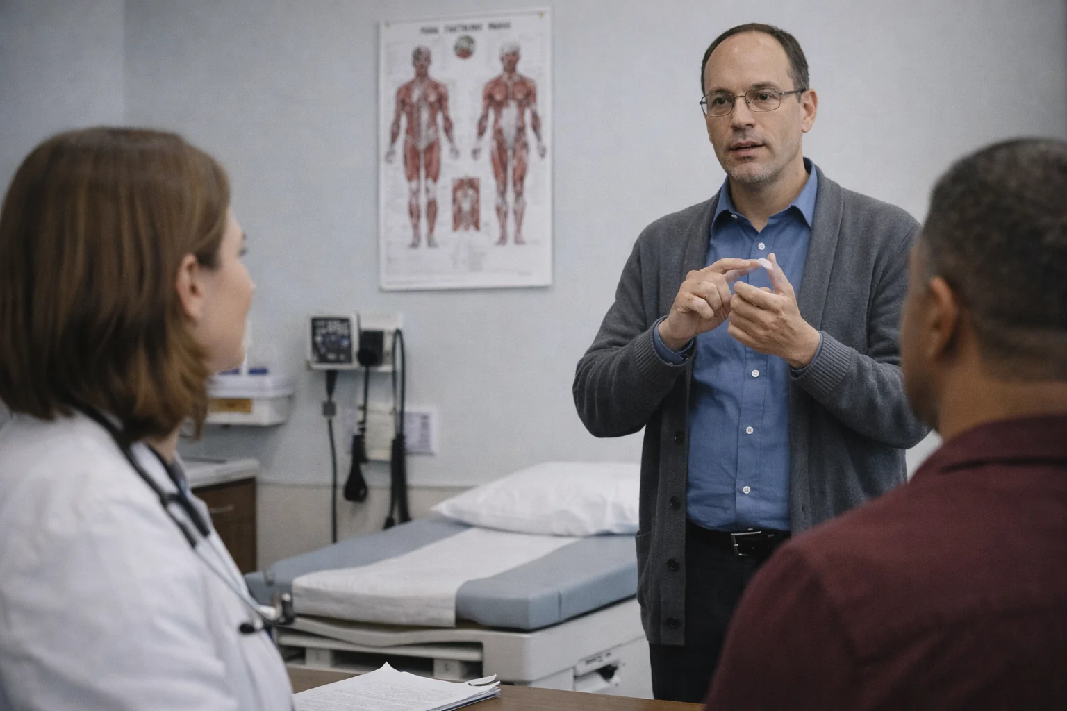 Interpreter signing in doctor's office with patient and physician