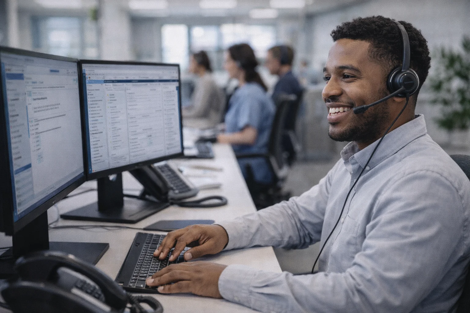 Scheduling coordinator with headset confirming interpreter assignment at computer