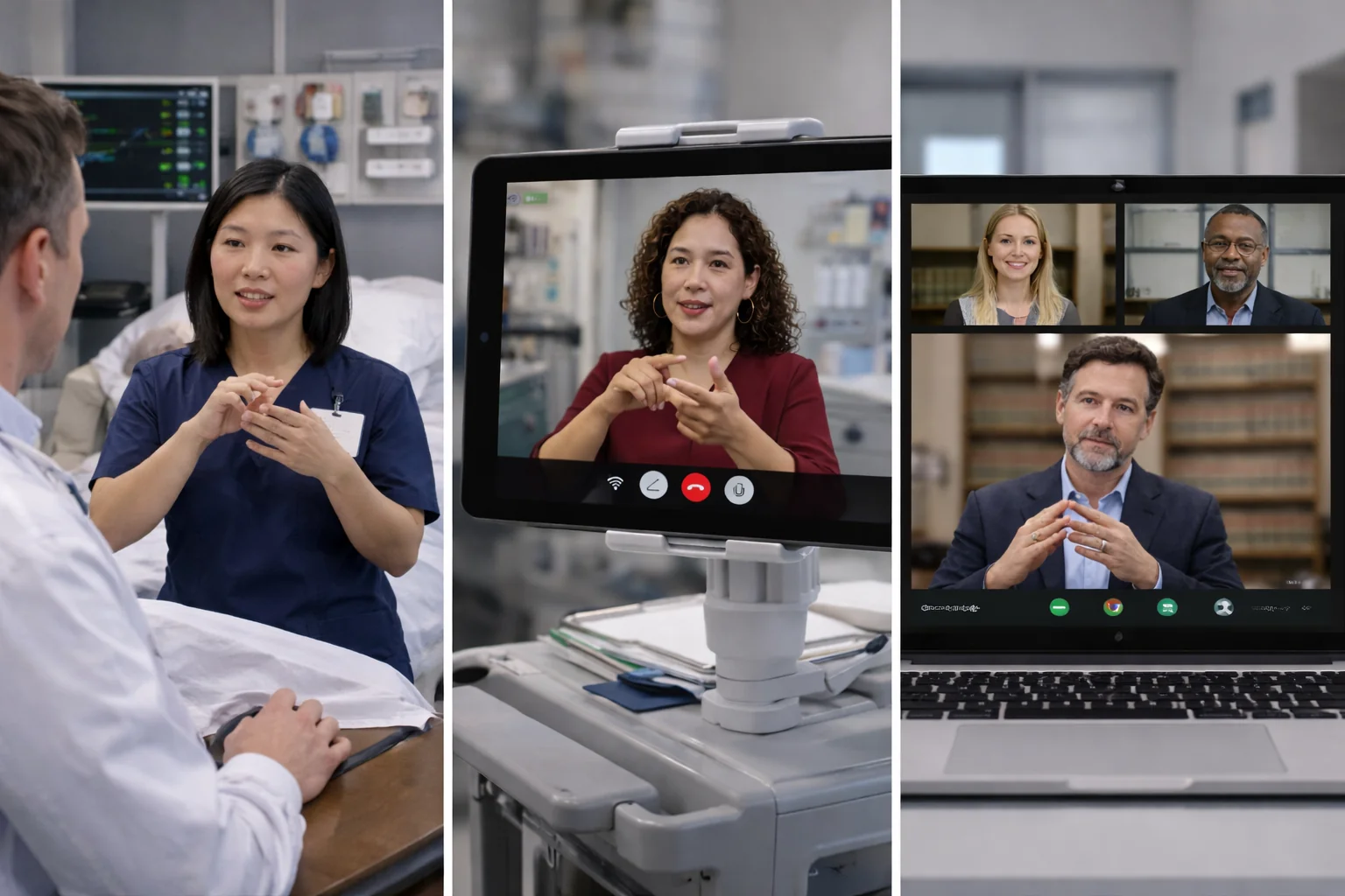 Three interpreting modalities: on-site medical interpreting, video remote interpreting on tablet, and virtual meeting interpreting on laptop