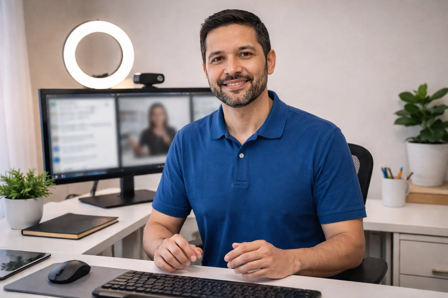 Professional ASL interpreter at home office setup ready to join virtual meeting