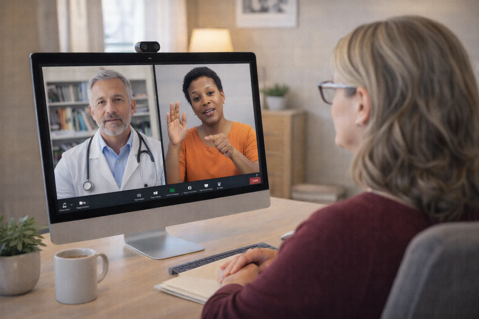 Patient at home desk during telehealth appointment with doctor and ASL interpreter on screen