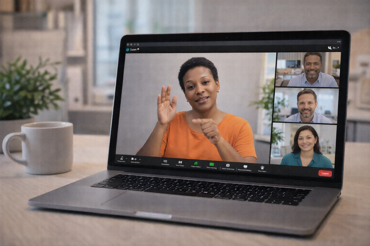 Laptop showing Zoom video call with ASL interpreter and multiple participants