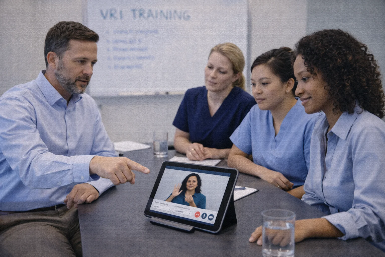 Healthcare workers gathered around tablet during VRI training session