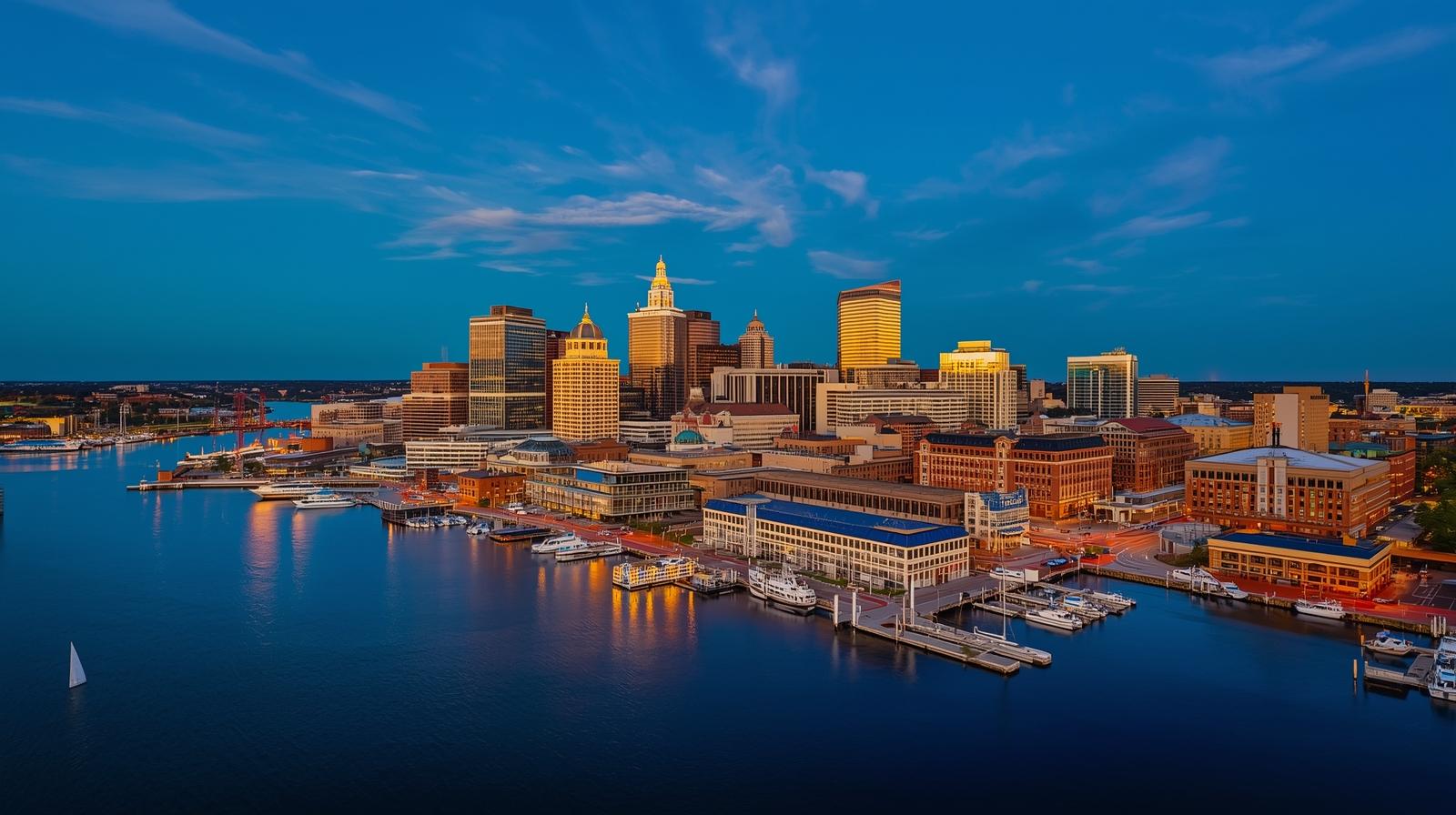 Baltimore Inner Harbor skyline featuring downtown buildings and waterfront, representing Frederick Interpreting Agency services in the Baltimore metropolitan area