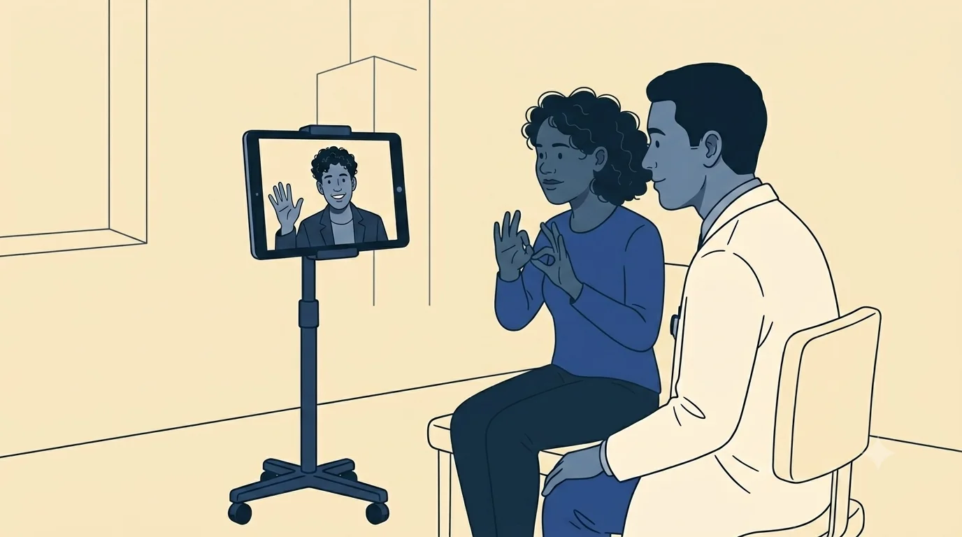 Doctor and patient using video remote interpreting with an ASL interpreter on a tablet stand